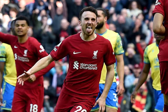  Diogo Jota of Liverpool celebrates after scoring the opening goal during the Premier League match between Liverpool FC and Nottingham Forest at Anfield on April 22, 2023 in Liverpool, England. (Photo by John Powell/Liverpool FC via Getty Images)