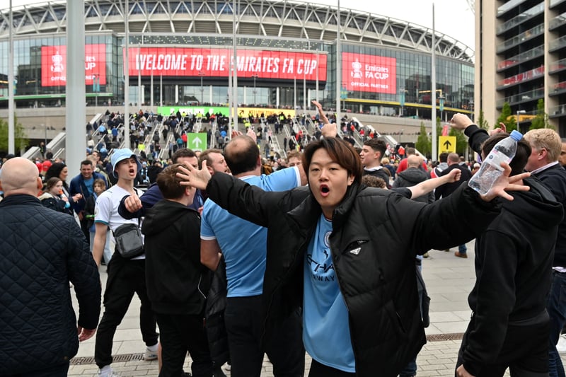 Man City fans at Wembley for the FA Cup semi final against Sheffield United. Picture: AFP via Getty Images