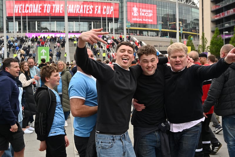 Supporters arriving at Wembley Stadium for Manchester City’s semi final against Sheffield United. Photo: AFP via Getty Images