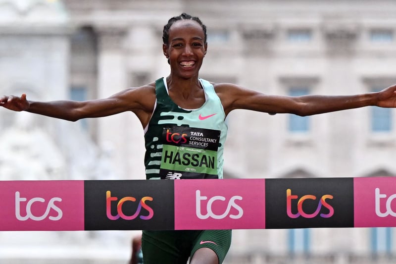 The Netherlands’ Sifan Hassan wins the Women’s race at the finish of the 2023 London Marathon. (Photo by JUSTIN TALLIS / AFP via Getty Images)