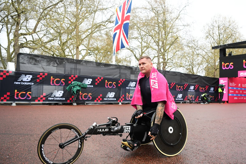David Weir of Great Britain after finishing fifth in the Men’s Wheelchair Marathon. (Photo by Alex Davidson/Getty Images)