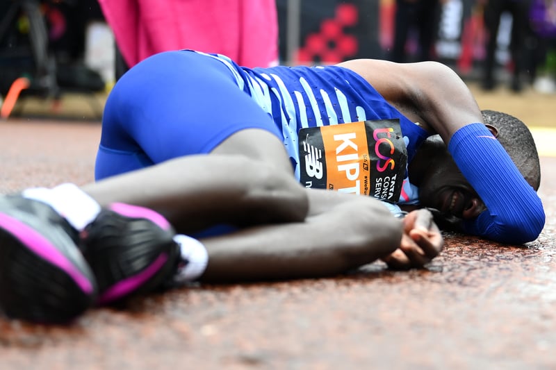 Tears for Kelvin Kiptum of Kenya after winning the Elite Men’s Marathon. (Photo by Alex Davidson/Getty Images)