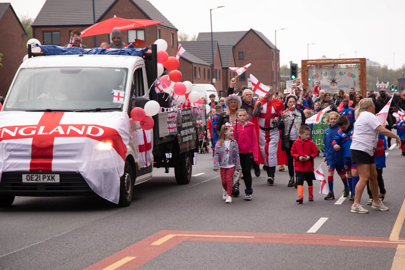 The St George’s Day parade made its way from Miles Platting to the city centre and back again. Photo: Tony Gribben