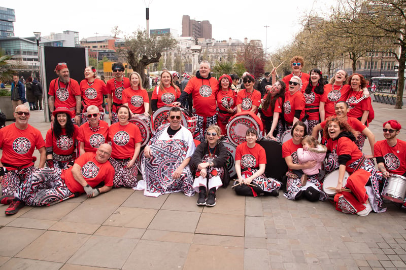 Samba reggae band Batala Manchester took part in the St George’s Day celebrations with their thunderous percussion sound. Photo: Tony Gribben