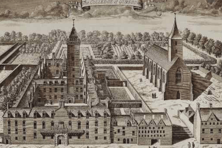 The University of Glasgow as it was in 1693 on High Street - at the time of its move to the West End in 1870, it was the second largest structure being built in the United Kingdom (the largest being the Houses of Parliament). The main building was designed in the Gothic revival style by the architect George Gilbert Scott. It incorporates The Unicorn and The Lion staircase from the old building that dates back to 1690. 