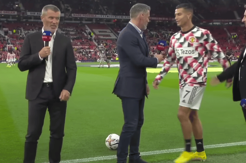 Back in August, Cristiano Ronaldo came over to SkySports to say hello to Gary Neville and Roy Keane, but ignored Jamie Carragher who hilariously said, ‘he blanked me!’.