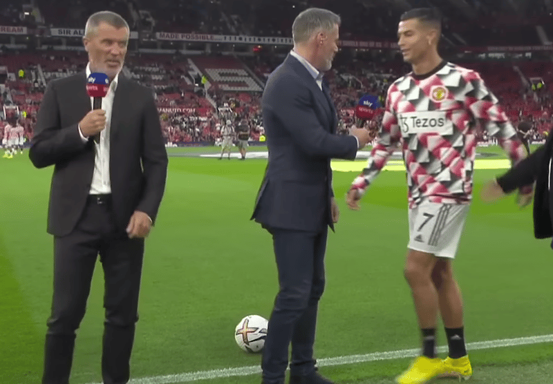 Back in August, Cristiano Ronaldo came over to SkySports to say hello to Gary Neville and Roy Keane, but ignored Jamie Carragher who hilariously said, ‘he blanked me!’.