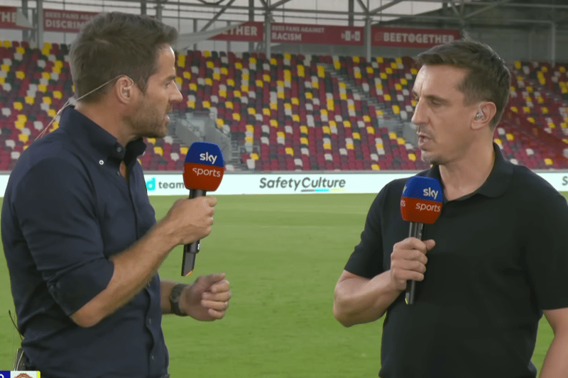 A bemused Gary Neville was given a dressing down by Jamie Redknapp after Manchester United lost 4-0 to Brentford with the ex Spurs man demanding some eye contact.