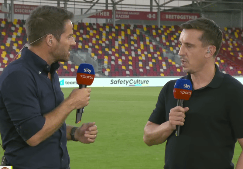 A bemused Gary Neville was given a dressing down by Jamie Redknapp after Manchester United lost 4-0 to Brentford with the ex Spurs man demanding some eye contact.