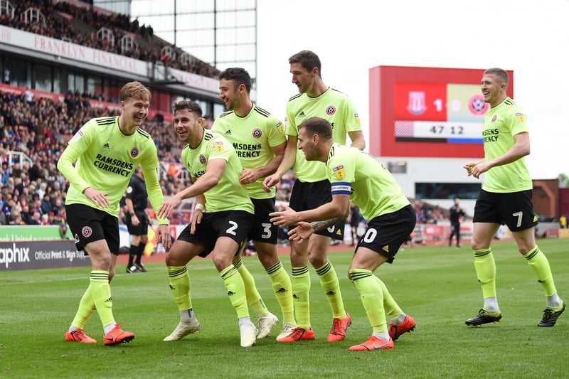 Kieran Dowell of Sheffield United celebrates as he scores his team’s first goal with team mates against Stoke in May 2019  (Photo by Nathan Stirk/Getty Images)