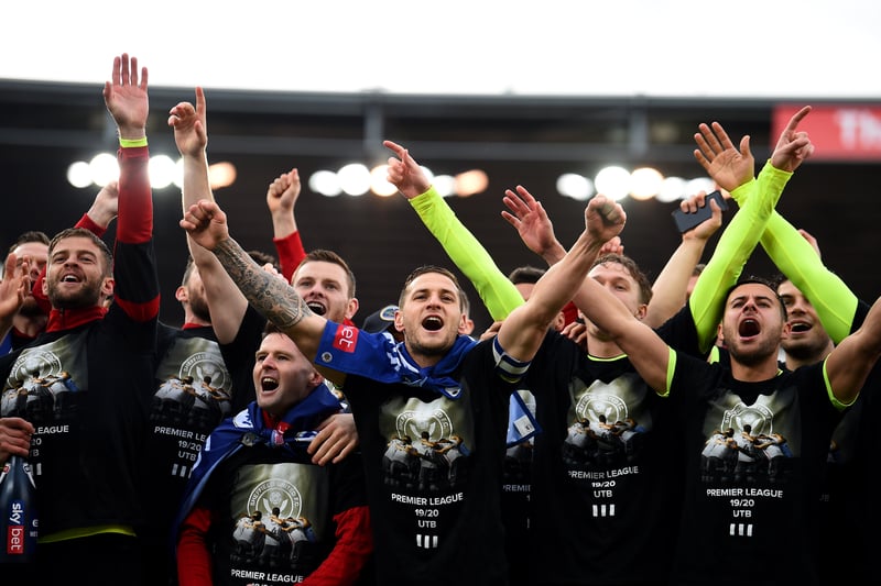 Celebrations get underway after the win against Stoke City secured a return to the Premier League in May 2019