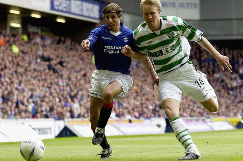 Ulrik Laursen up against Claudio Caniggia who joined the Ibrox side from Dundee having spent many years in Italian football. 