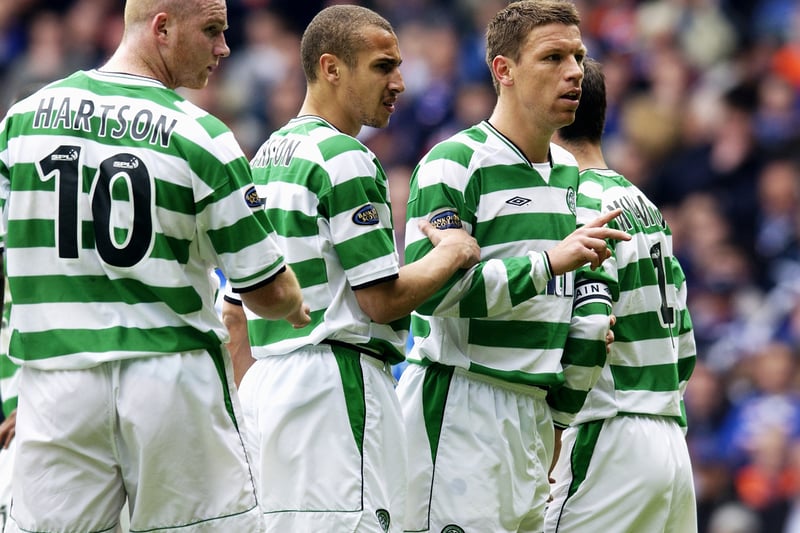 The Celtic players line up in a wall to defend a set piece. Alan Thompson scored the opening goal on the day. 