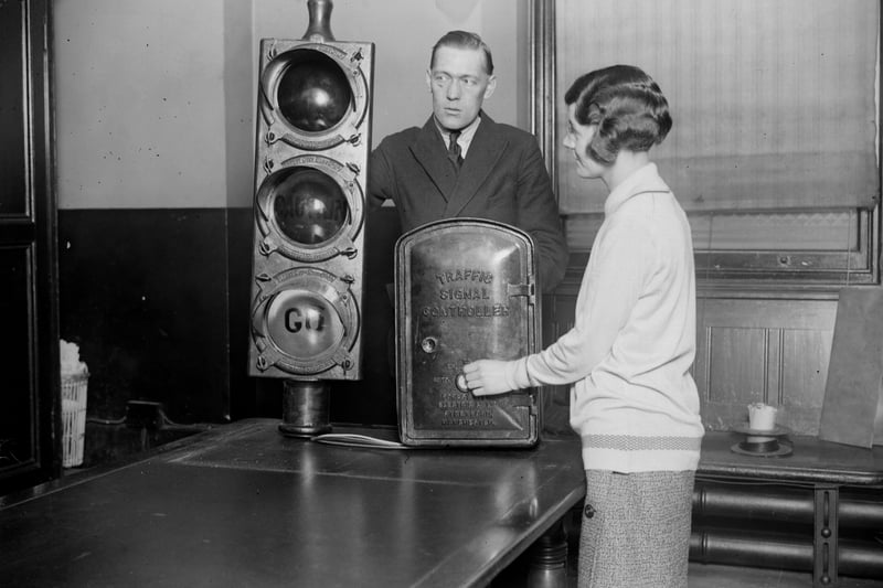 One of the early sets of pedestrian traffic lights being tested at a Manchester police station. Credit: Getty