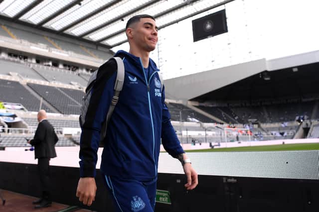 Miguel Almiron of Newcastle United arrives at the stadium prior to the Premier League match between Newcastle United and Tottenham Hotspur at St. James Park on April 23, 2023 in Newcastle upon Tyne, England. (Photo by Stu Forster/Getty Images)