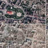 Satellite imagery shows the once flourishing city turned into a wasteland, with landmark buildings reduced to rubble.
