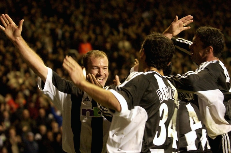 Alan Shearer of Newcastle celebrates scoring during the UEFA Champions League Group E match between Newcastle United and FC Dynamo Kiev at the St James' Park, Newcastle on October 29, 2002. (Photo by Ross Kinnaird/Getty Images)
