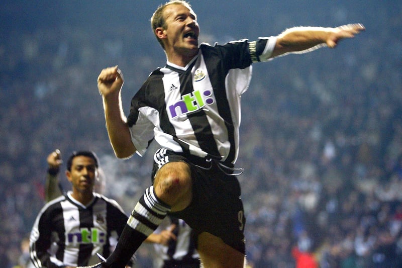 Newcastle captain Alan Shearer celebrates his penalty goal against Dynamo Kiev at a UEFA Champions league match at St. James's Park stadium in Newcastle, 29 October 2002. AFP PHOTO/Odd ANDERSEN (Photo by Odd ANDERSEN / AFP) (Photo by ODD ANDERSEN/AFP via Getty Images)