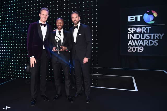 Dan Walker at the 2019 Sport Industry Awards with Raheem Sterling and Gareth Southgate
