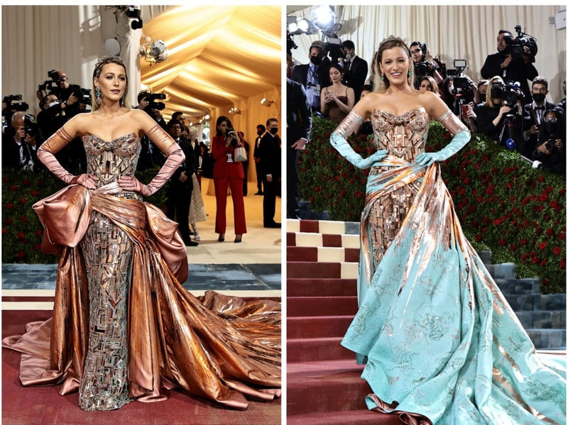 Blake Lively is always one of the best dressed celebs at any event, but at the 2022 Met Gala she stunned with an eye-catching colour-changing gown. The Versace strapless dress, which was said to be a tribute to New York City, had a full skirt and full-length matching satin gloves. It was originally copper colour, but she later revealed a turquoise draping and changed her gloves to match.
