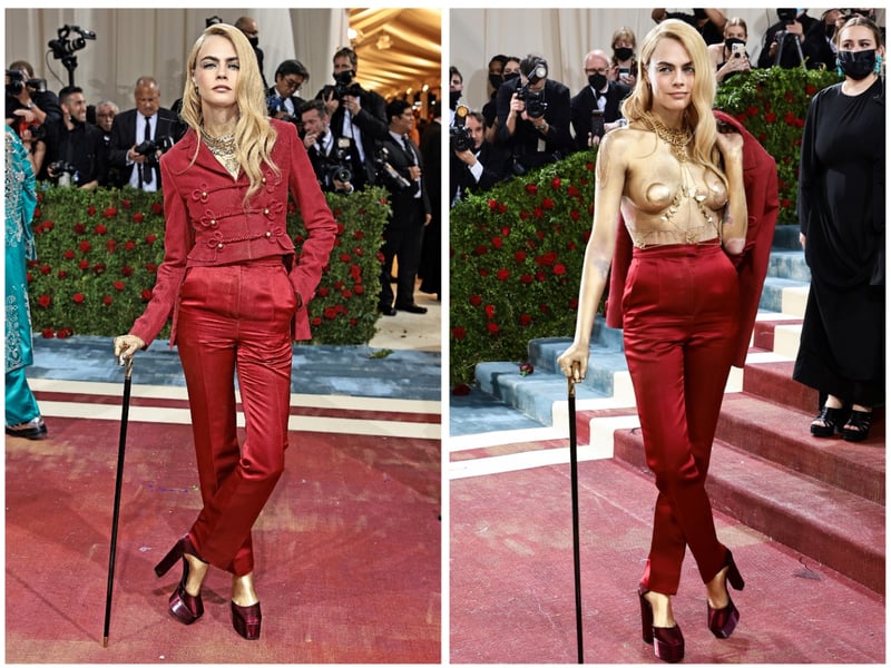 Model Cara Delevingne went for the shock factor when she stepped on to the 2022 Met Gala red carpet. At first look it seemed as though she had come dressed in an elegant ruby coloured Christian Dior trouser suit for a classic look - but then took off her blazer to reveal that she had painted her torso, chest and arms with gold body paint. There were nipple covers in place to protect her modesty in this dramatic look.