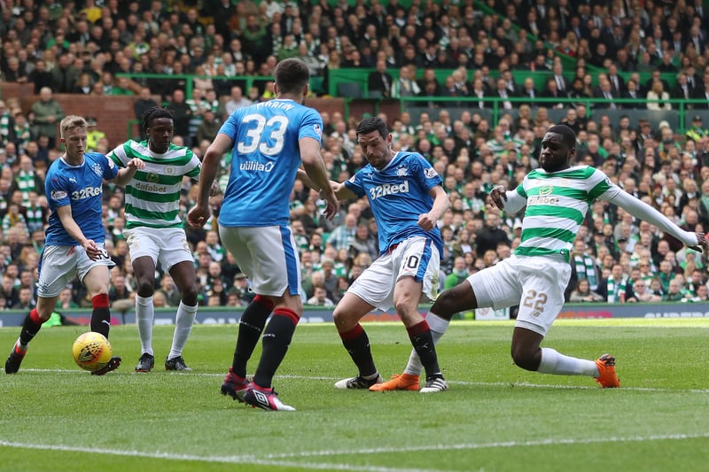 The imposing French striker converts his first goal of the match under pressure from Rangers midfielder Graham Dorrans.