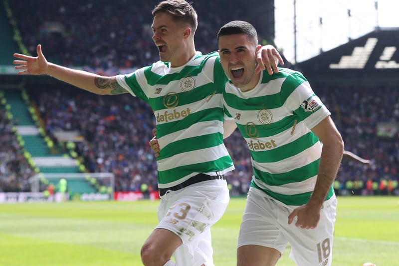 Tom Rogic is joined by Mikael Lustig in celebration after the Australian midfielder scored Celtic’s fourth goal of the afternoon.
