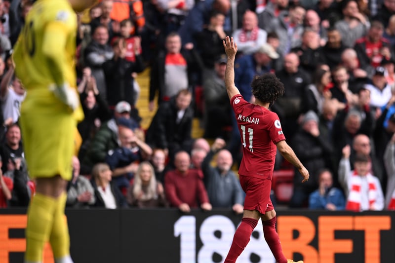 Mohamed Salah waves to the fans after scoring Liverpool’s third goal against Tottenham Hotspur at Anfield.