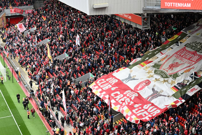 Liverpool fans hold a banner the crowd during the Premier League match against Tottenham Hotspur.