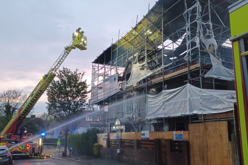 Six fire engines and around 40 firefighters tackled a fire at a house under renovation in Finchley Road, Golders Green, on April 30.  Most of the first floor and roof of the two-storey building was damaged. There were no reports of injuries and the cause is under investigation. (Photo by LFB)