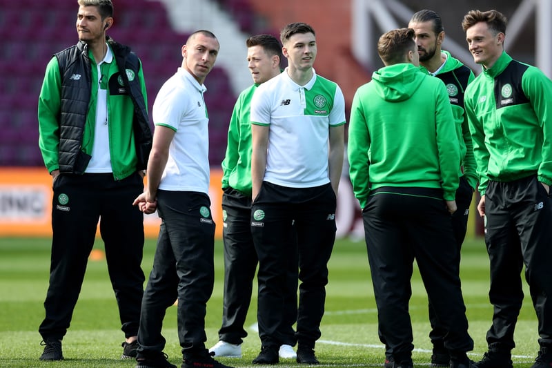 Some of the Celtic squad take a look around Tynecastle prior to the Scottish Premiership tie. 