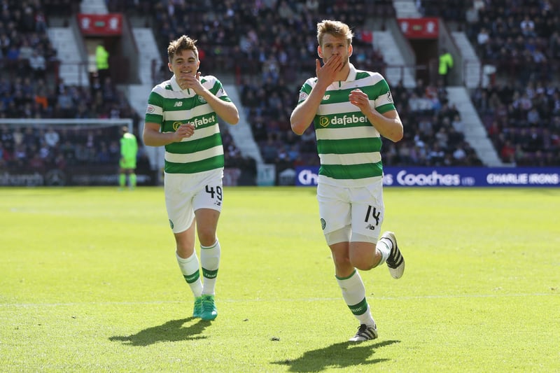 Stuart Armstrong  celebrates scoring his sides third goal with James Forrest. 