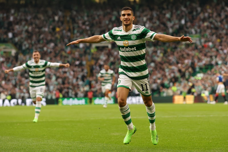 Liel Abada celebrates after scoring Celtic’s third goal having already scored earlier in the game. 