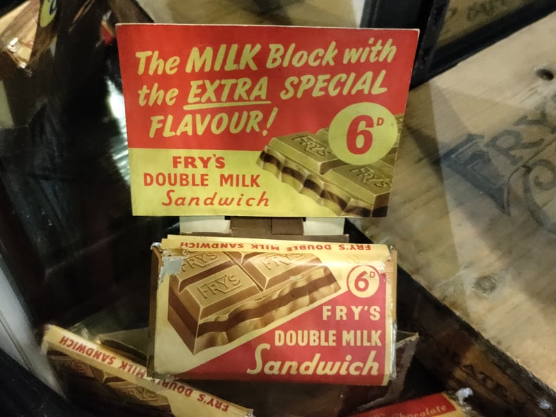 One of Fry’s better known chocolates produced at Keynsham was the Double Milk Sandwich, here priced at six pence. 