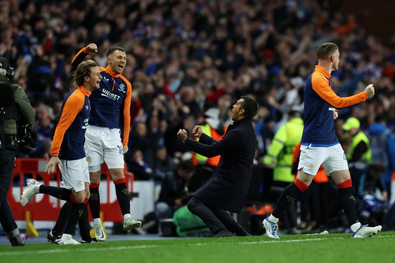Manager Giovanni van Bronckhorst reacts at the full-time whistle as the club’s dream season in Europe continued on an emotionally charged night in Govan.