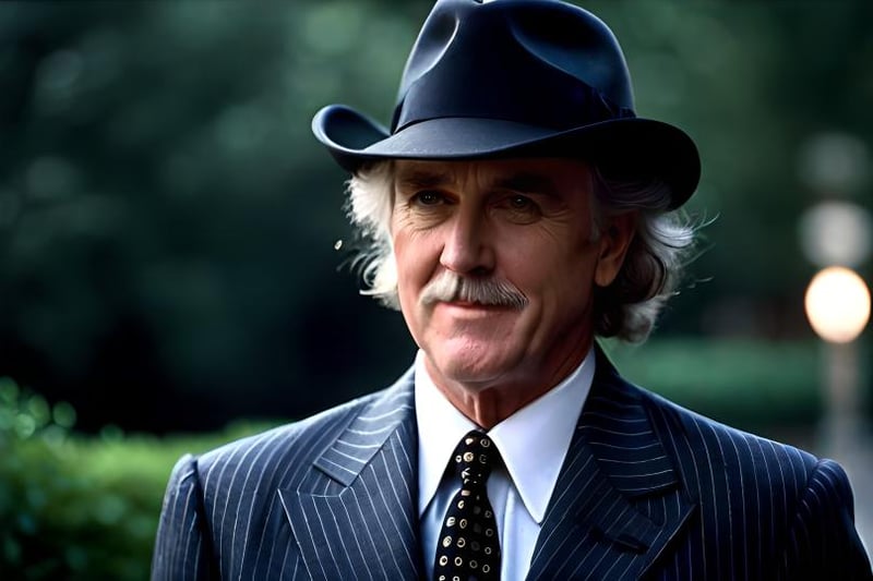 Billy Connolly wearing a gray pinstripe suit with wide lapels and matching fedora hat