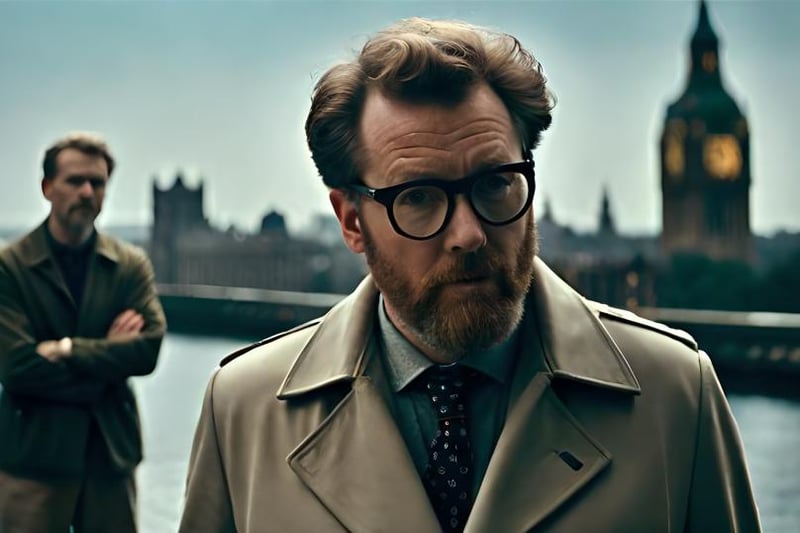 Frankie Boyle wearing a beige trench coat with double-breasted buttons and matching trousers