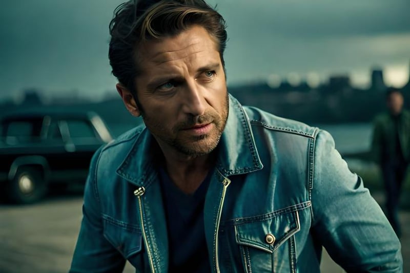 Gerard Butler wearing a blue denim jacket with metal studs and oversized lapels