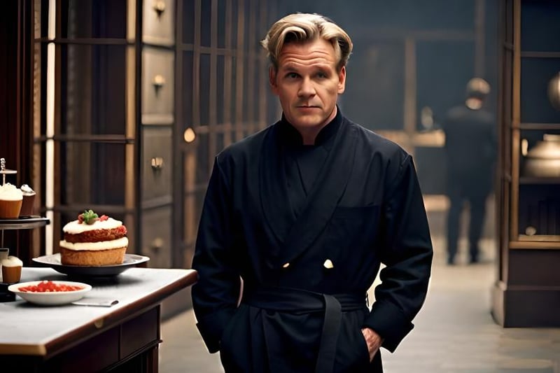 Gordon Ramsay wearing a black chef's coat with oversized collar and matching pants