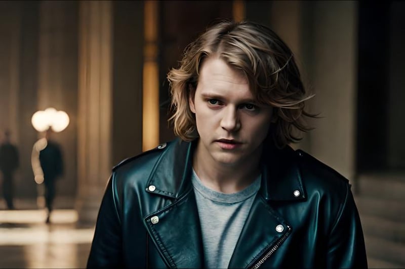 Lewis Capaldi wearing an oversized black leather jacket with metal hardware and distressed denim jeans