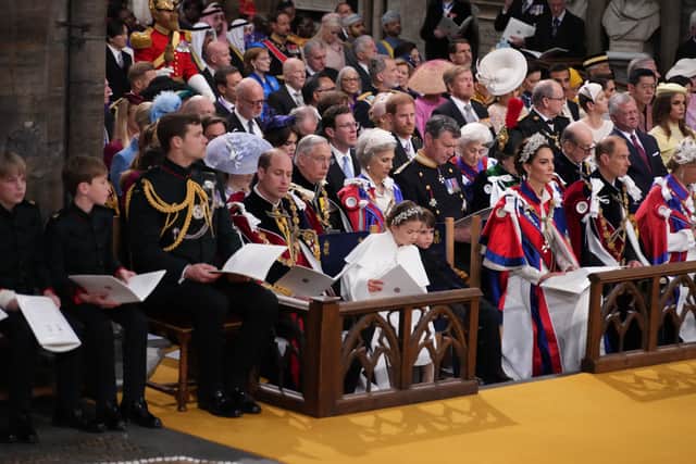 The Prince of Wales, Princess Charlotte, Prince Louis, the Princess of Wales, the Duke of Edinburgh and the Duchess of Edinburgh, with the Duke of Sussex sat in the third row, at the coronation ceremony of King Charles III and Queen Camilla in Westminster Abbey, London. Picture date: Saturday May 6, 2023. PA 