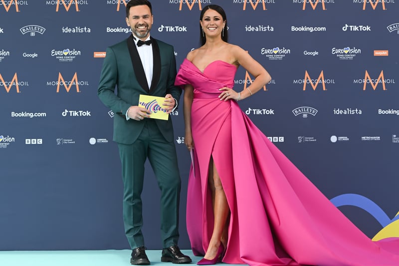 Hosts Timur Miroshnychenko and Sam Quek attend the Eurovision Song Contest 2023: Liverpool Opening Ceremony Turquoise Carpet outside St George’s Hall.