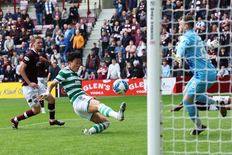 South Korean international Oh Hyeon-gyu slides in to convert Celtic’s second goal of the match.