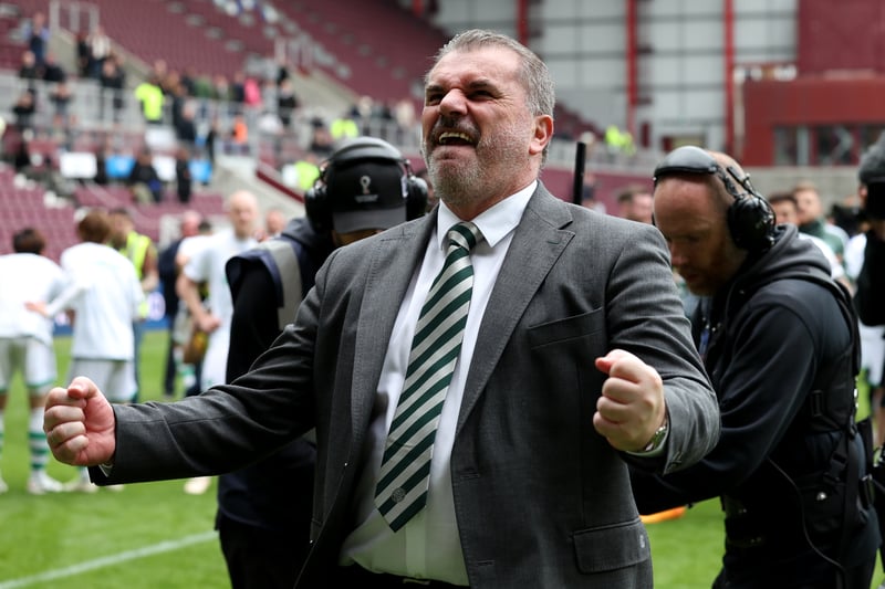 Hoops manager Ange Postecoglou can’t hide his delight as he lets out a passionate roar towards the Celtic travelling fans after the full-time whistle.