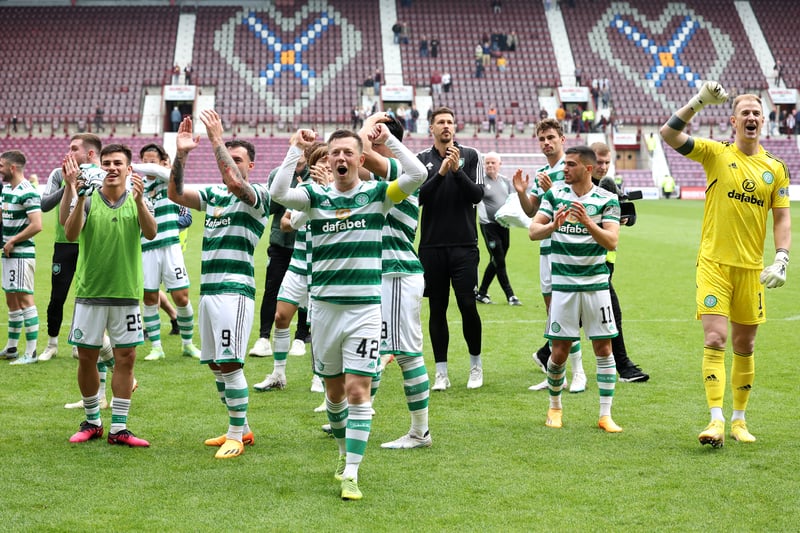 Celtic skipper Callum McGregor leads the celebrations shortly after full-time in Edinburgh.