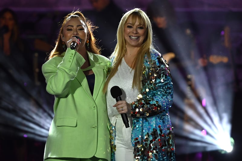 Scousers Natasha Hamilton and Liz McLarnon re-unite to perform as Atomic Kitten at the National Lottery’s Big Eurovision Welcome.