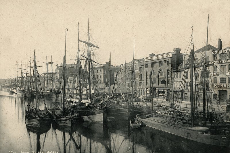 View of Welsh Back from Bristol Bridge circa 1890. Victorian warehouses mingle with older buildings on Welsh Back. The boat named Taff implies the traditional use of this part of the docks for the inland trade with Wales.