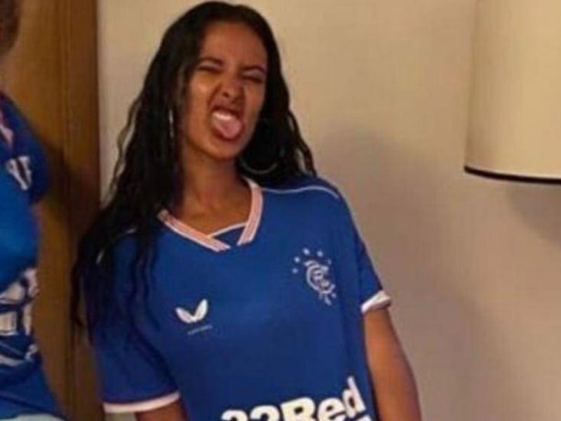 The Love Island presenter, who is starring in Celebrity Traitors, posed in a Rangers shirt ahead of the Europa League final which cause a social media frenzy between rival fans. Jama stated Rangers would be her “Scottish team.” (Image: Twitter)