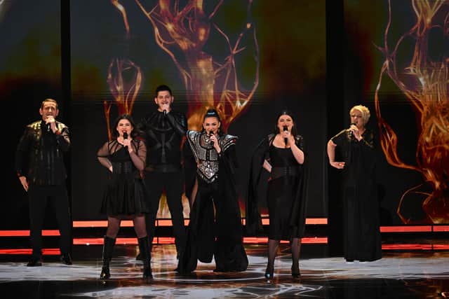 Music duo Albina & Familja Kelmendi perform on behalf of Albania during the second semi-final of the Eurovision Song contest. Image: PAUL ELLIS/AFP via Getty Images
