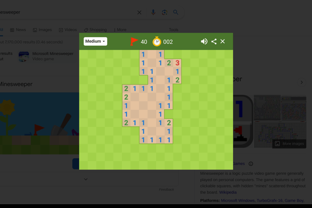 In another popular cult classic game, you can play minesweeper directly from Google. Clicking on ‘play’ will allow you to play the game in three modes - easy, medium or hard. 